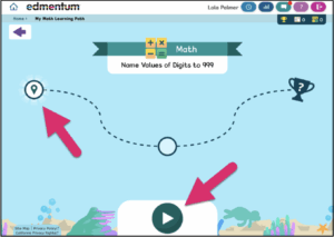 The screen shows a math learning path noted where you are on the path as a glowing marker and where you are headed. The play button is in the lower center of the screen. 